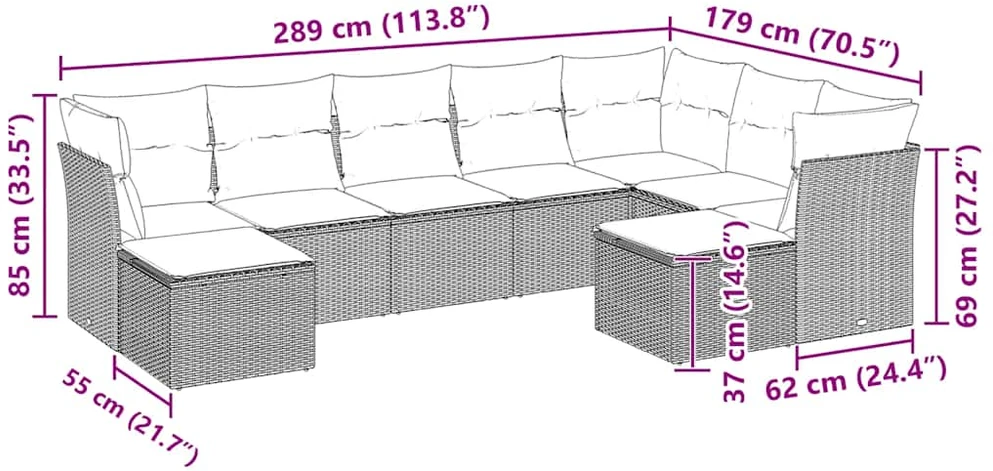 Sofa Sofos komplektas su pagalvėlėmis, 9 dalių, pilkas, poliratanas