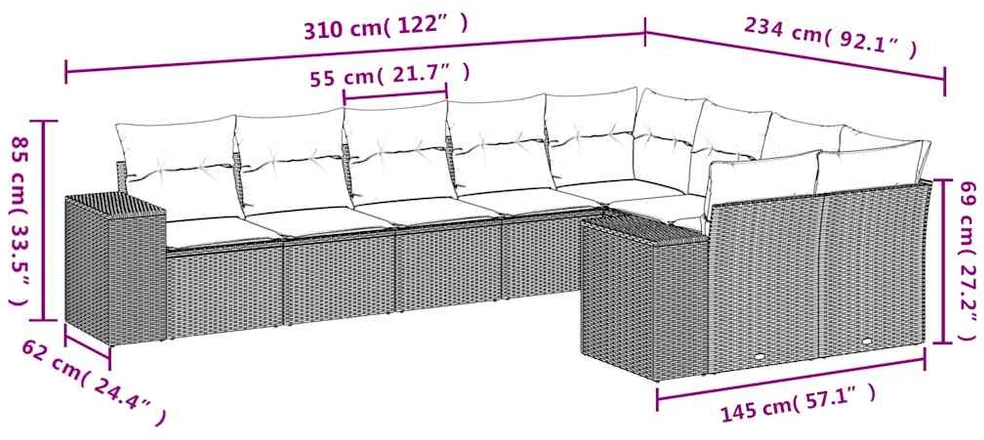 Sofa Sofos komplektas su pagalvėlėmis, 9 dalių, pilkas, poliratanas