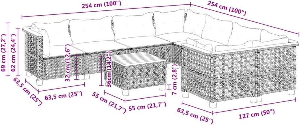 Lauko baldų komplektas Sofos komplektas su pagalvėlėmis, 9 dalių, pilkas, poliratanas