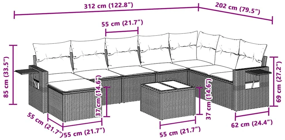 Sofa Sofos komplektas su pagalvėlėmis, 9 dalių, pilkas, poliratanas