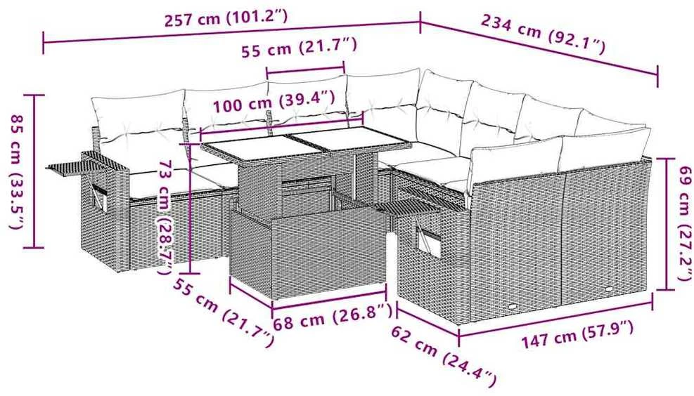 Sofa Sofos komplektas su pagalvėlėmis, 9 dalių, pilkas, poliratanas