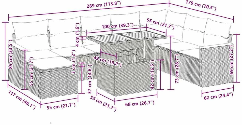 Lauko baldų komplektas Sofos komplektas su pagalvėlėmis, 9 dalių, pilkas, poliratanas