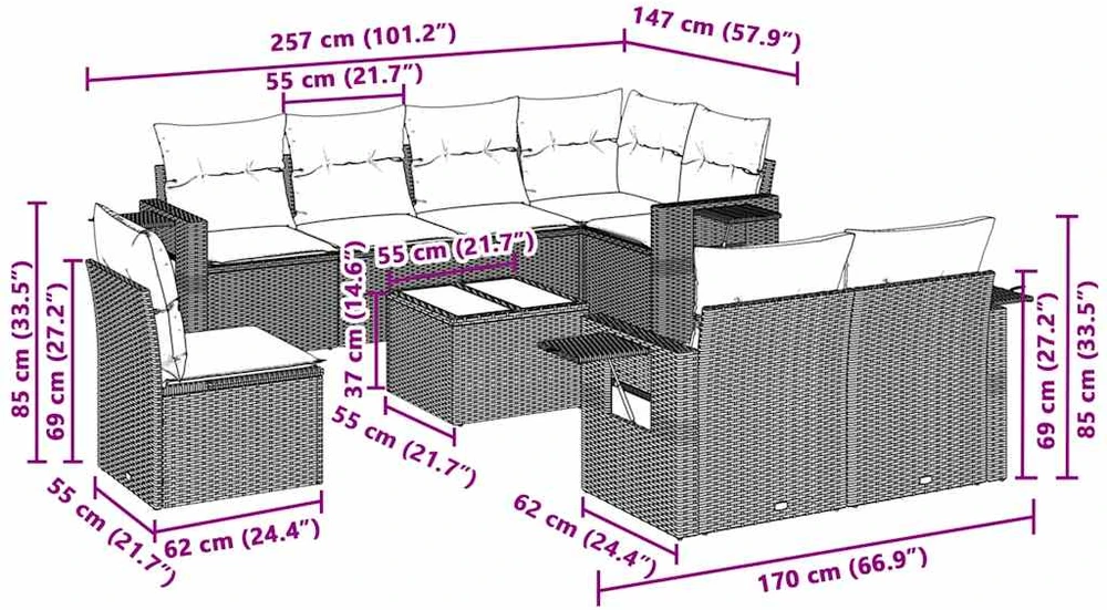 Sofa Sofos komplektas su pagalvėlėmis, 9 dalių, pilkas, poliratanas