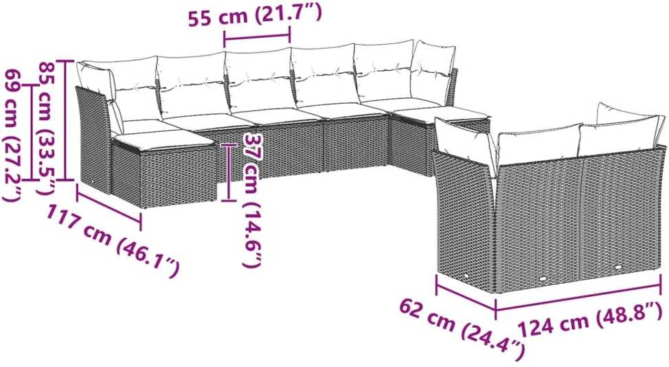 Sofa Sofos komplektas su pagalvėlėmis, 9 dalių, pilkas, poliratanas