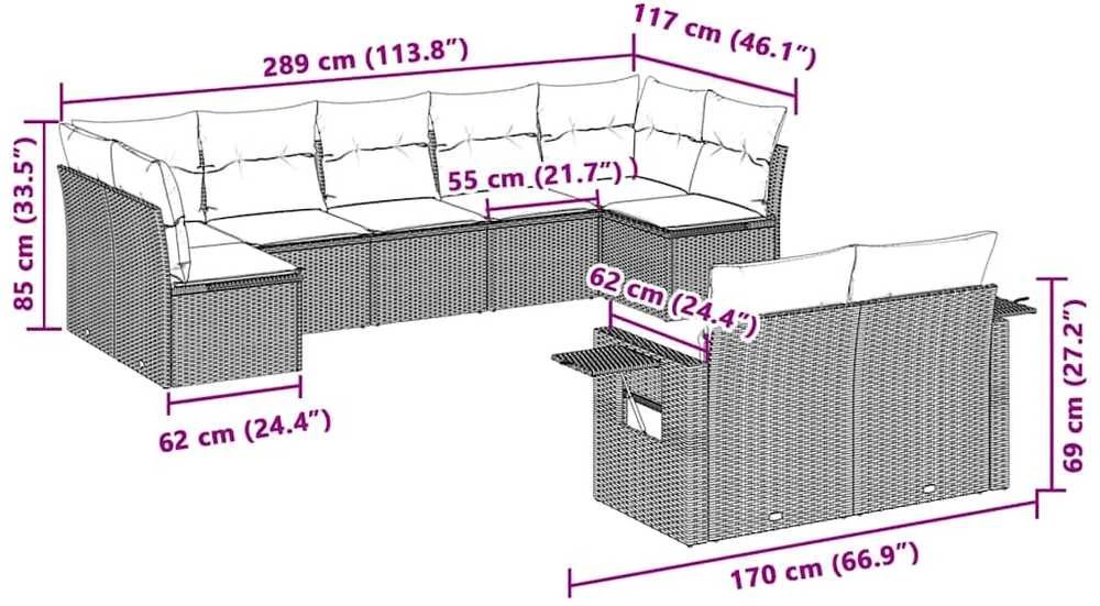 Sofa Sofos komplektas su pagalvėlėmis, 9 dalių, pilkas, poliratanas