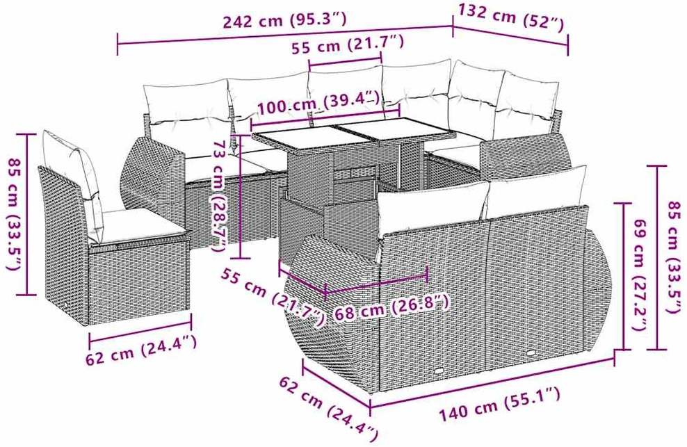 Sofa Sofos komplektas su pagalvėlėmis, 9 dalių, pilkas, poliratanas