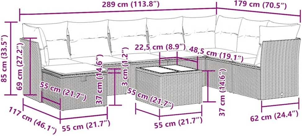 Sofa Sofos komplektas su pagalvėlėmis, 9 dalių, pilkas, poliratanas
