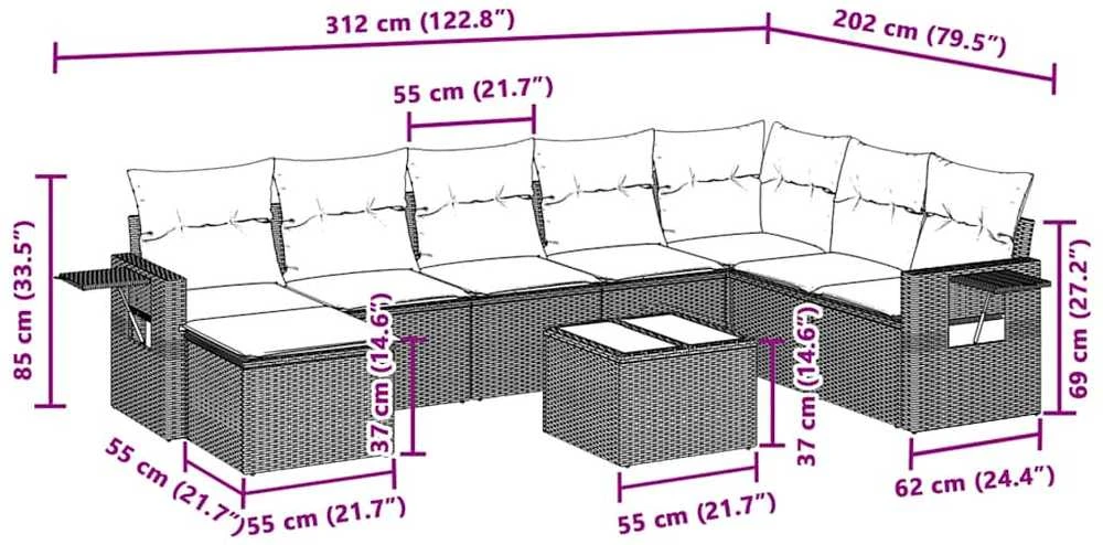 Sofa Sofos komplektas su pagalvėlėmis, 9 dalių, pilkas, poliratanas