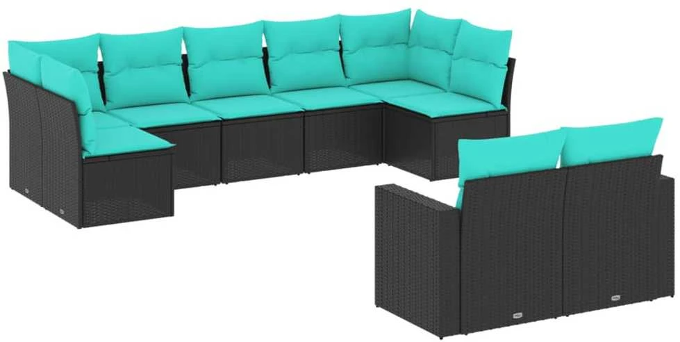 Sofa Sofos komplektas su pagalvėlėmis, 9 dalių, juodas, poliratanas