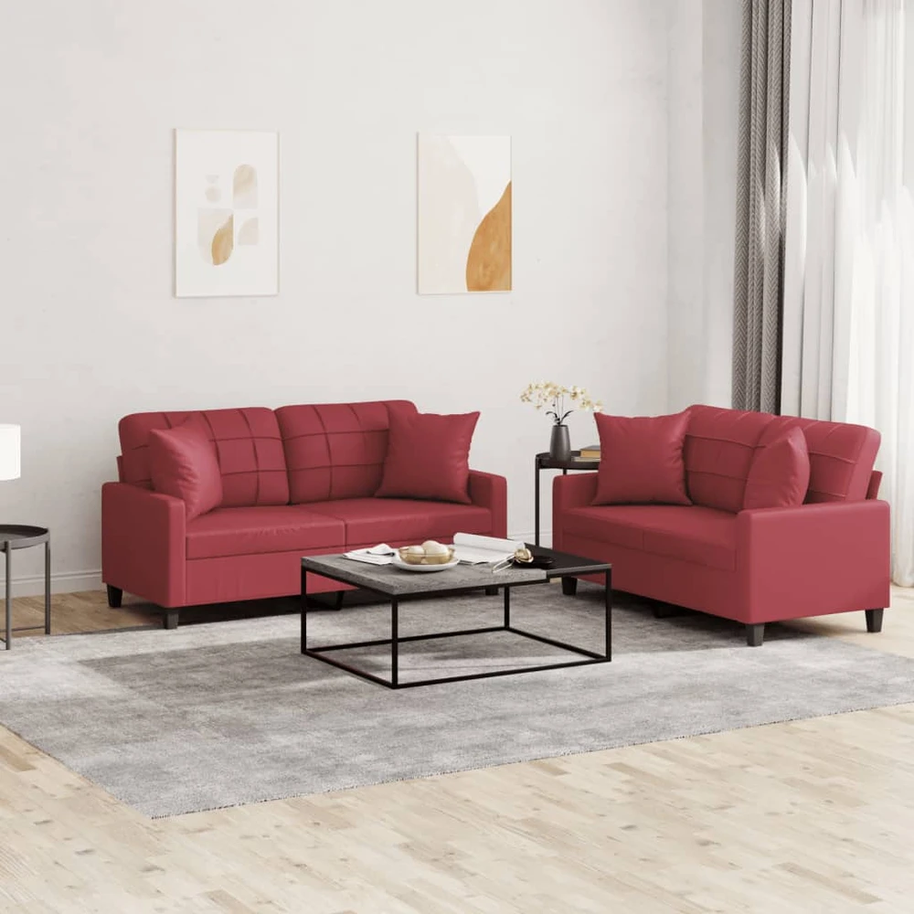 Sofa Sofos komplektas su pagalvėmis, 2 dalių, vyno, dirbtinė oda