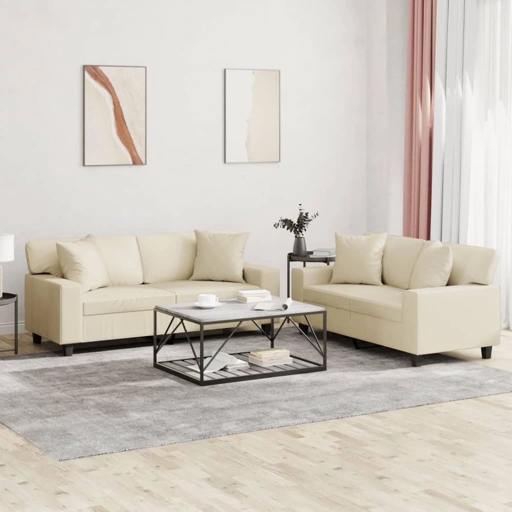 Sofa Sofos komplektas su pagalvėmis, 2 dalių, kreminis, dirbtinė oda