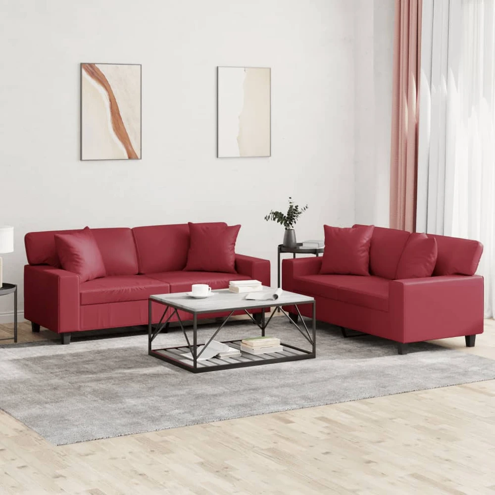 Sofa Sofos komplektas su pagalvėmis, 2 dalių, vyno, dirbtinė oda
