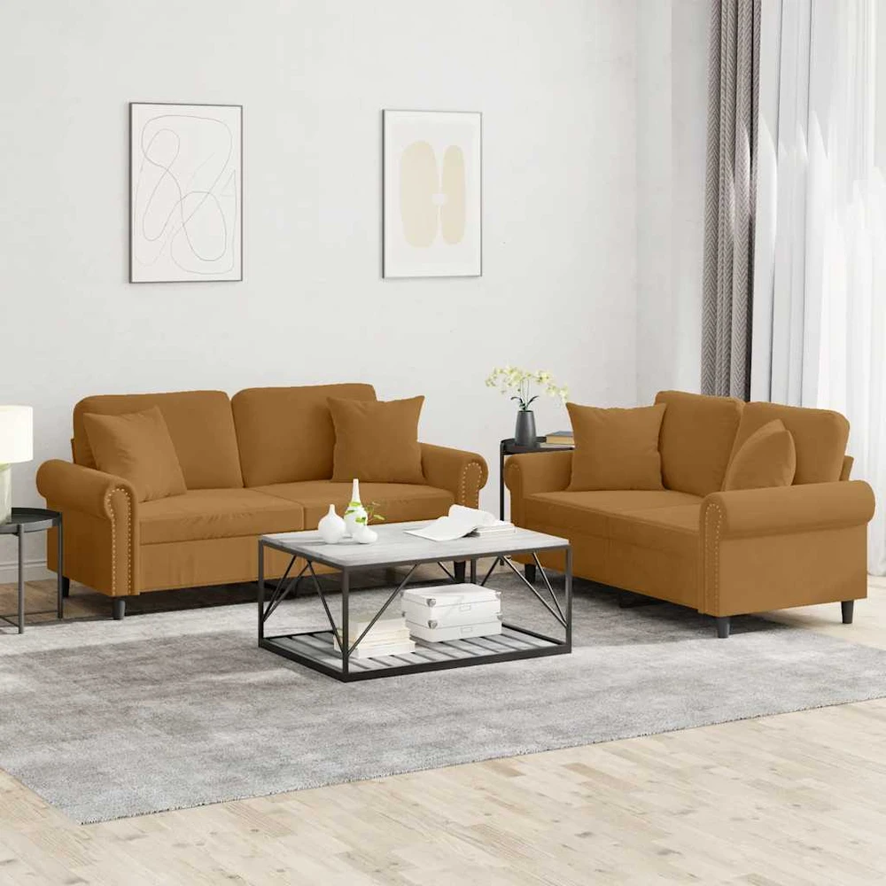 Sofa Sofos komplektas su pagalvėmis, 2 dalių, rudas, aksomas