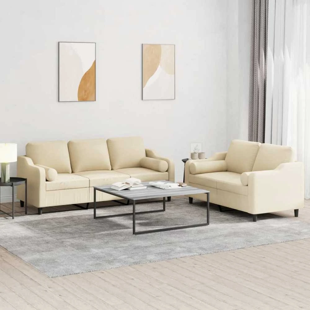 Sofa Sofos komplektas su pagalvėmis, 2 dalių, kreminis, audinys