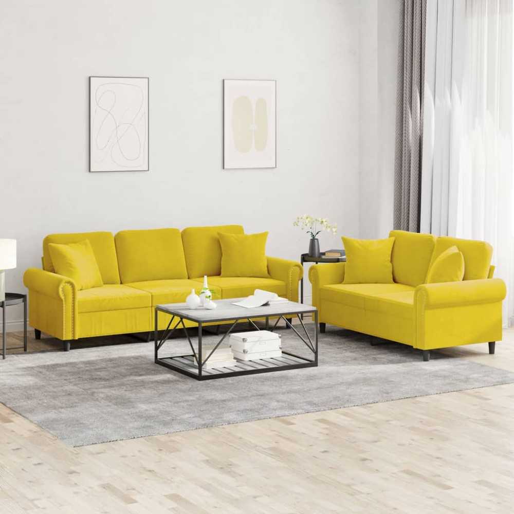 Sofa Sofos komplektas su pagalvėmis, 2 dalių, geltonas, aksomas