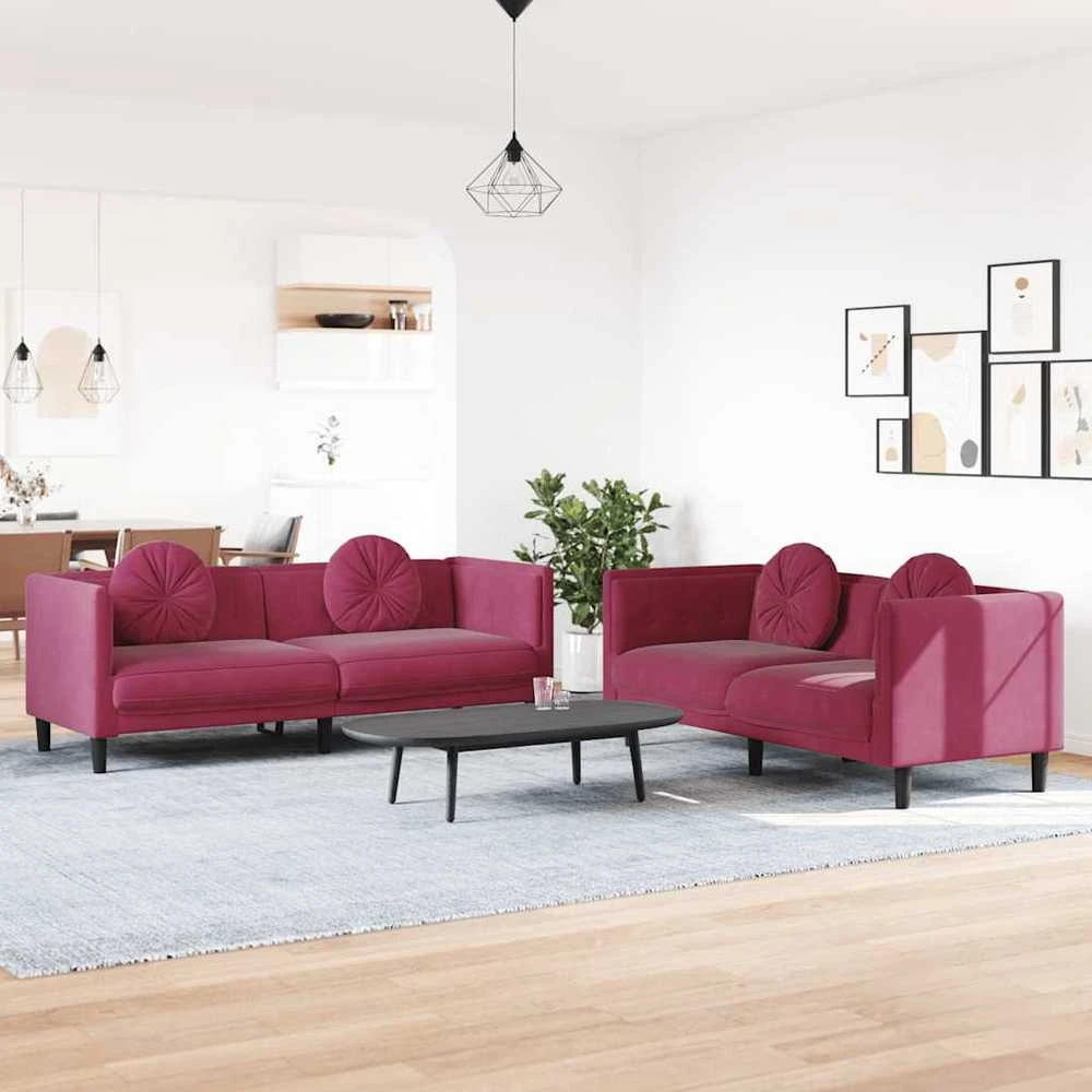 Sofa Sofos komplektas su pagalvėmis, 2 dalių, vyno, aksomas