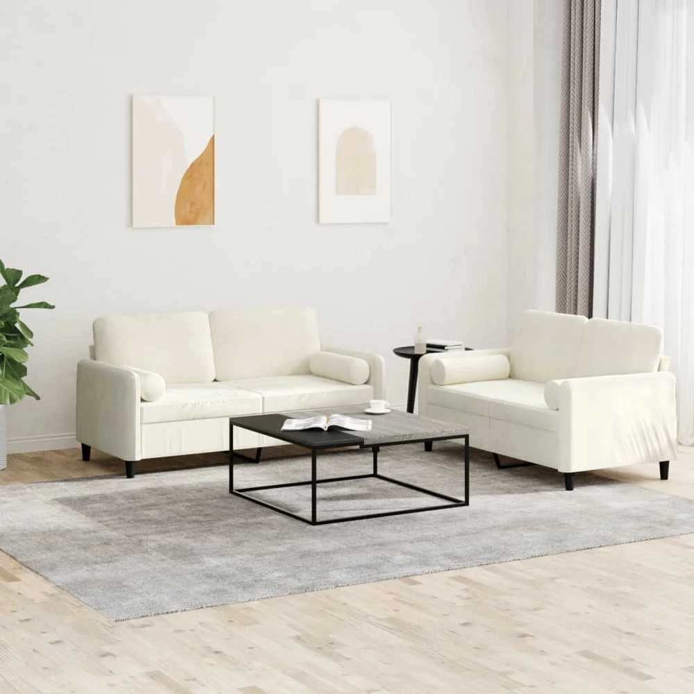 Sofa Sofos komplektas su pagalvėmis, 2 dalių, kreminis, aksomas