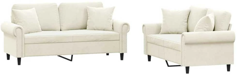 Sofa Sofos komplektas su pagalvėmis, 2 dalių, kreminis, aksomas