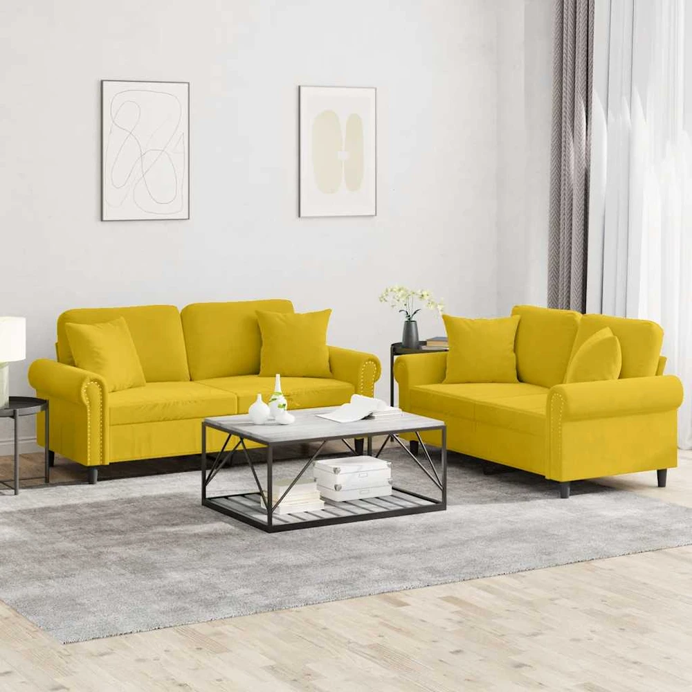 Sofa Sofos komplektas su pagalvėmis, 2 dalių, geltonas, aksomas