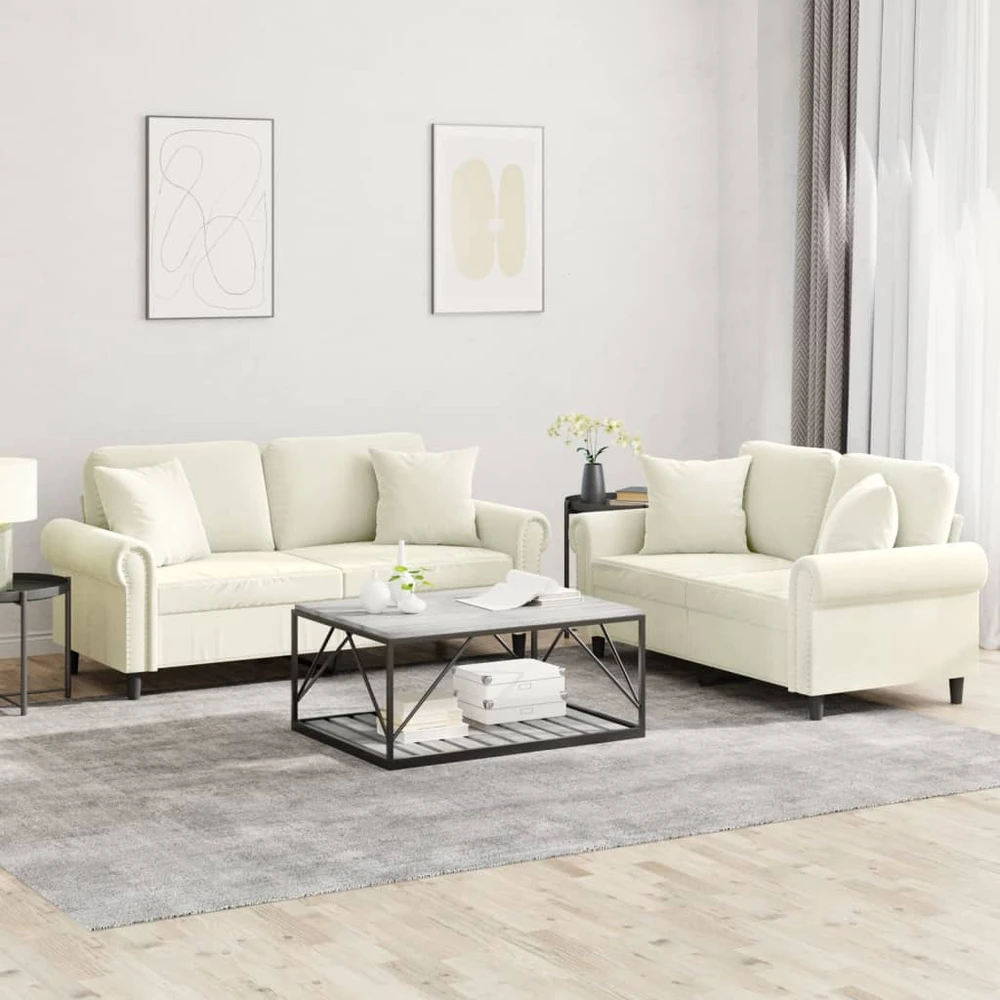 Sofa Sofos komplektas su pagalvėmis, 2 dalių, kreminis, aksomas