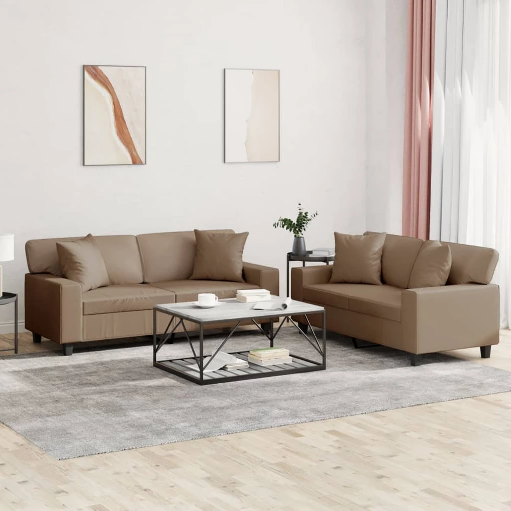 Sofa Sofos komplektas su pagalvėmis, 2 dalių, kapučino, dirbtinė oda