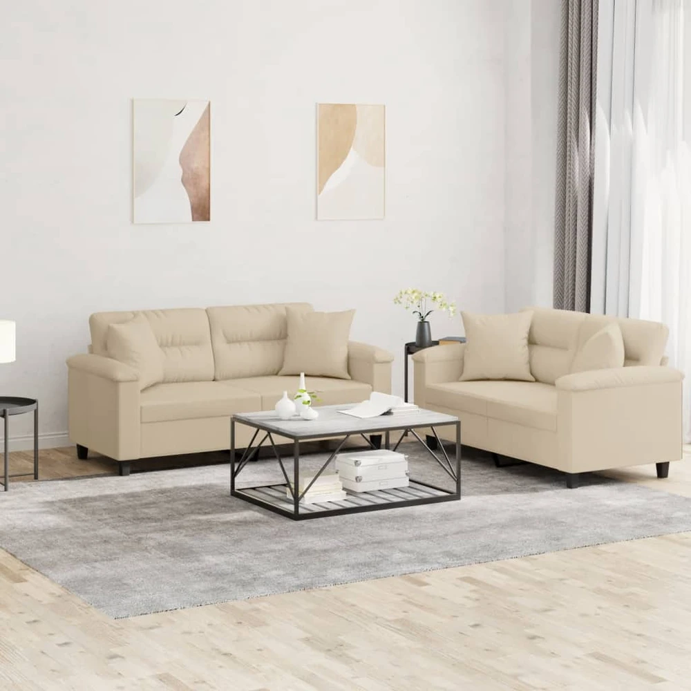 Sofa Sofos komplektas su pagalvėmis, 2 dalių, kreminis, audinys