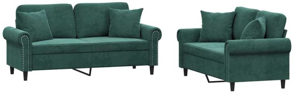 Sofa Sofos komplektas su pagalvėmis, 2 dalių, žalias, aksomas