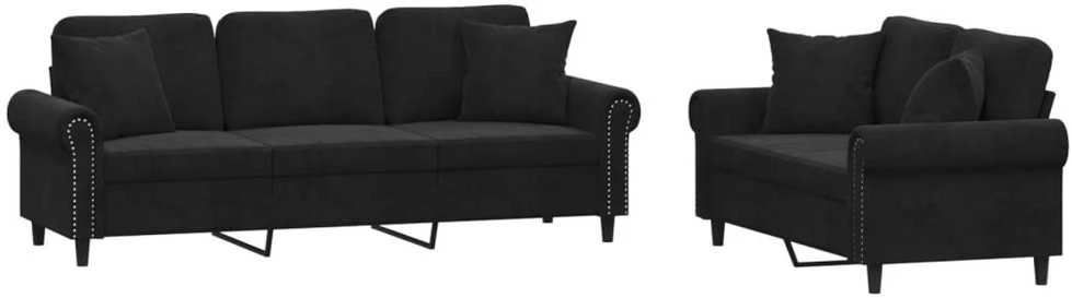 Sofa Sofos komplektas su pagalvėmis, 2 dalių, juodas, aksomas