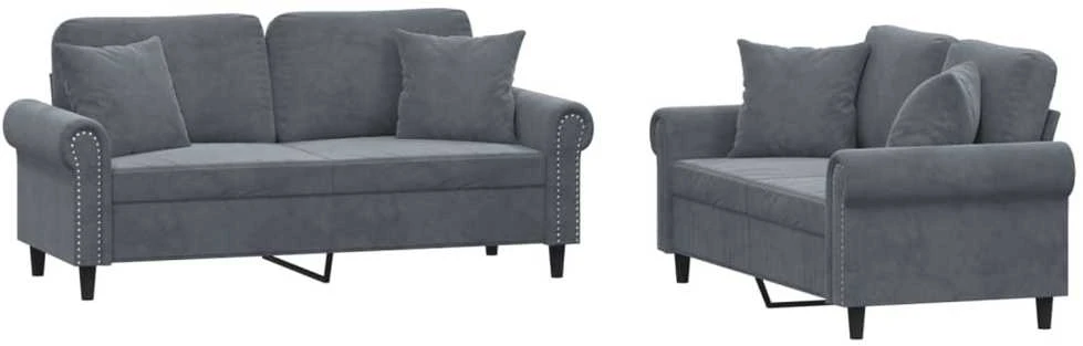 Sofa Sofos komplektas su pagalvėmis, 2 dalių, pilkas, aksomas