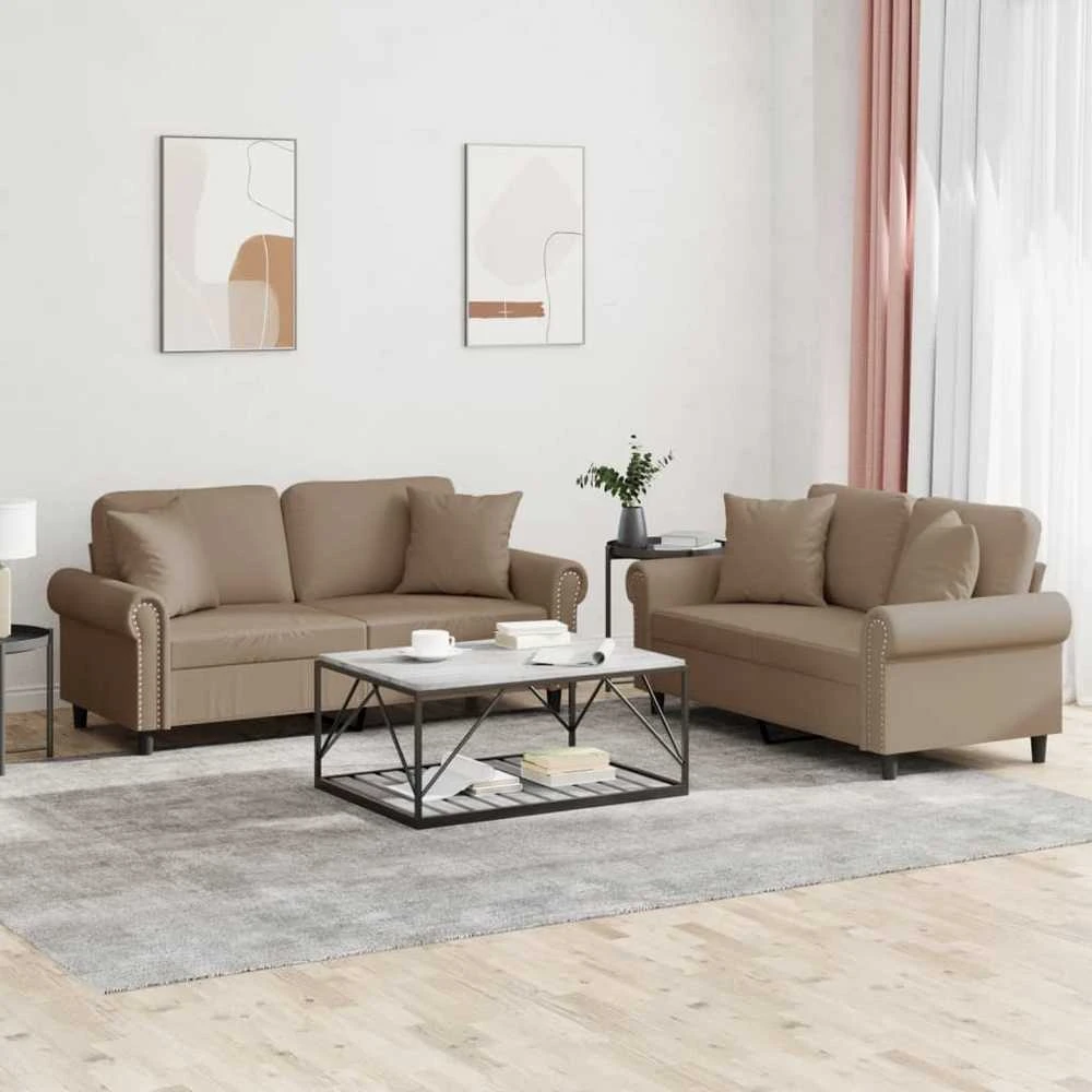 Sofa Sofos komplektas su pagalvėmis, 2 dalių, kapučino, dirbtinė oda