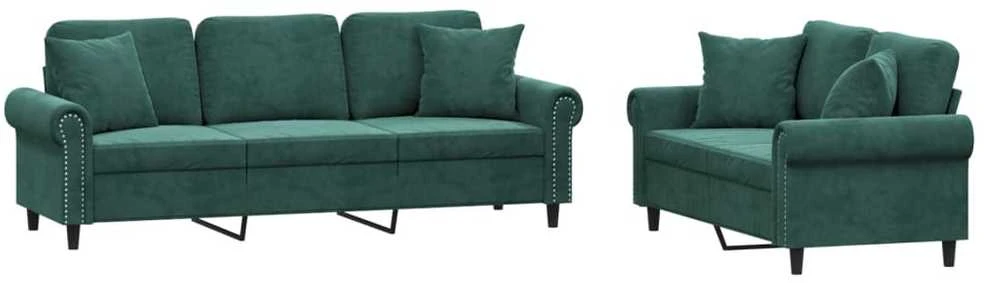 Sofa Sofos komplektas su pagalvėmis, 2 dalių, žalias, aksomas