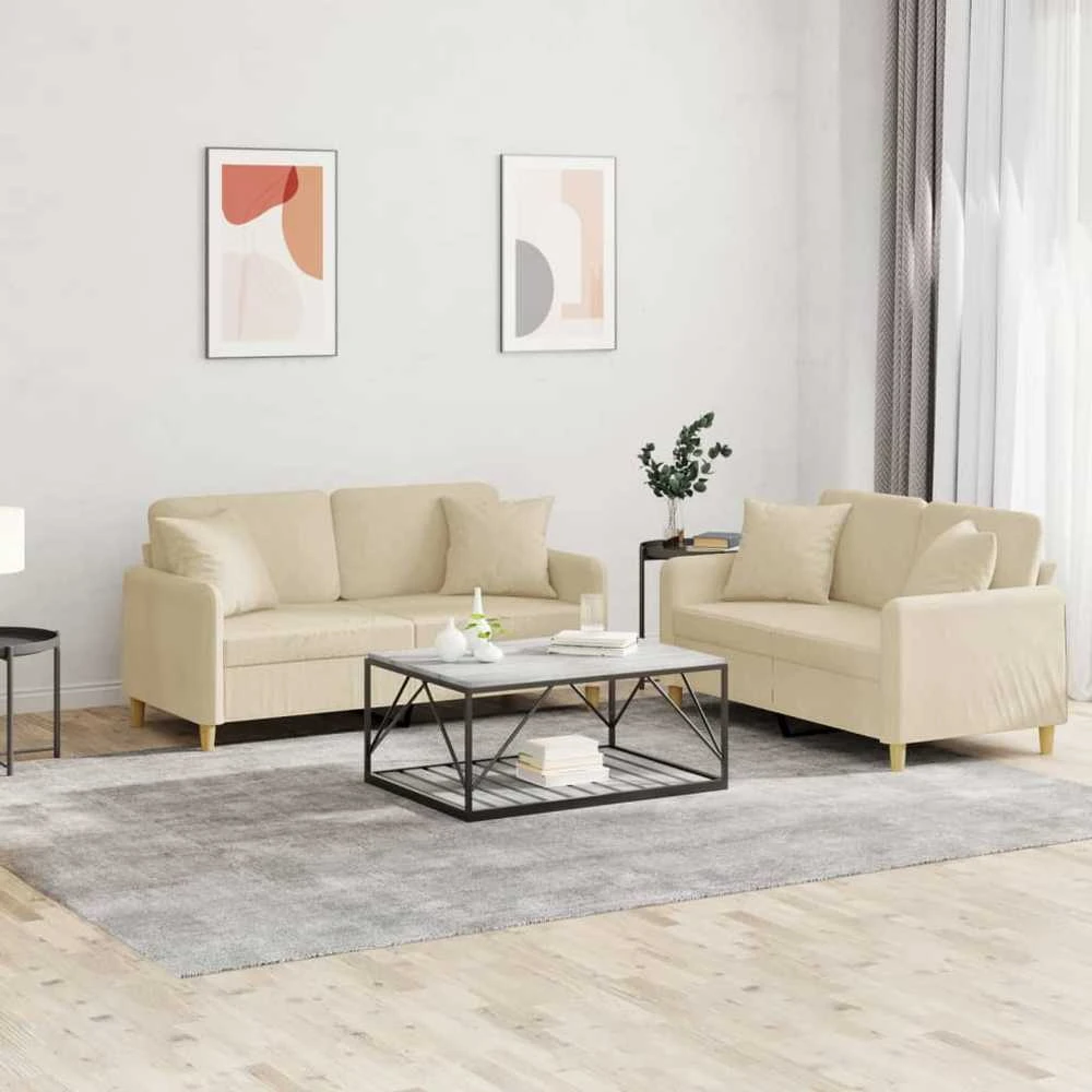 Sofa Sofos komplektas su pagalvėmis, 2 dalių, kreminis, audinys