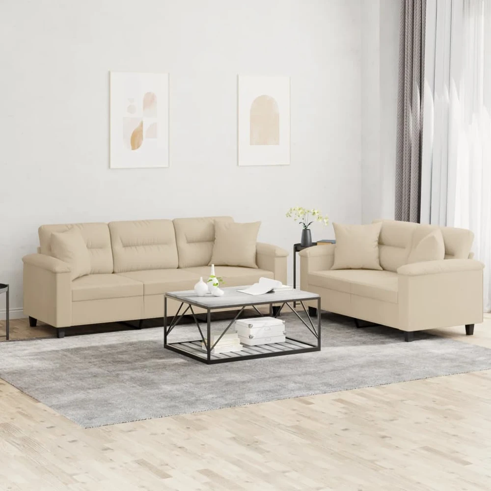 Sofa Sofos komplektas su pagalvėmis, 2 dalių, kreminis, audinys