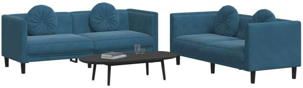 Sofa Sofos komplektas su pagalvėmis, 2 dalių, mėlynas, aksomas