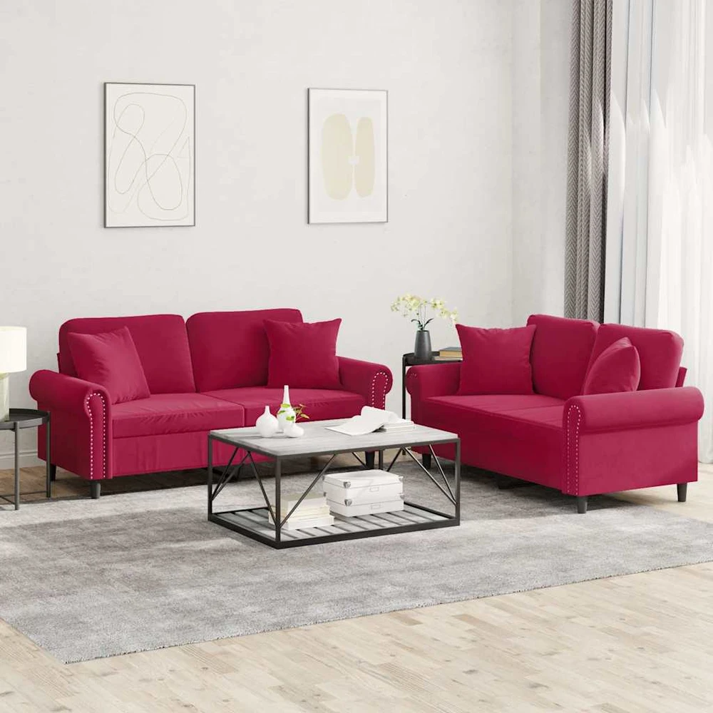 Sofa Sofos komplektas su pagalvėmis, 2 dalių, vyno, aksomas