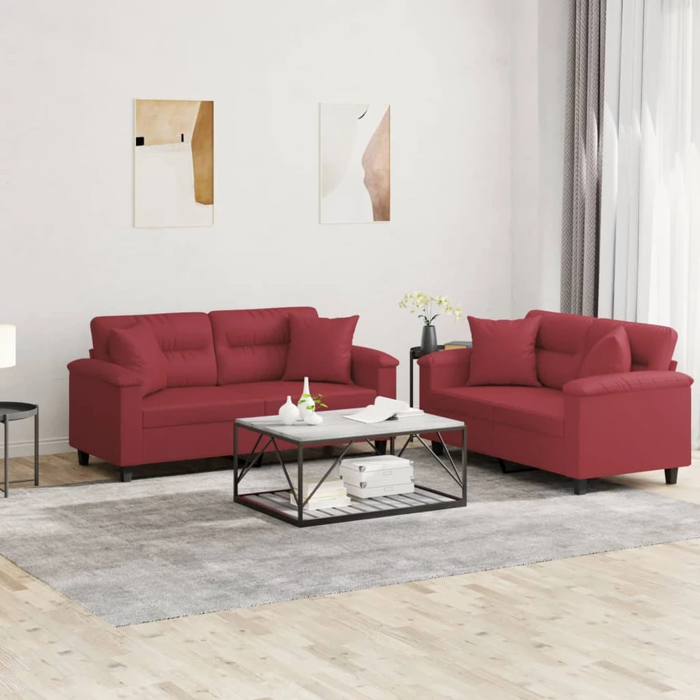 Sofa Sofos komplektas su pagalvėmis, 2 dalių, vyno, dirbtinė oda