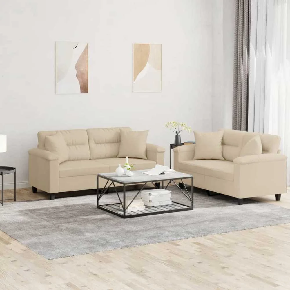 Sofa Sofos komplektas su pagalvėmis, 2 dalių, kreminis, audinys