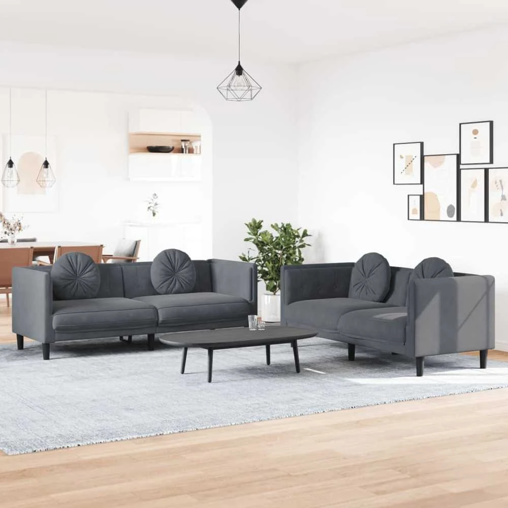 Sofa Sofos komplektas su pagalvėmis, 2 dalių, pilkas, aksomas