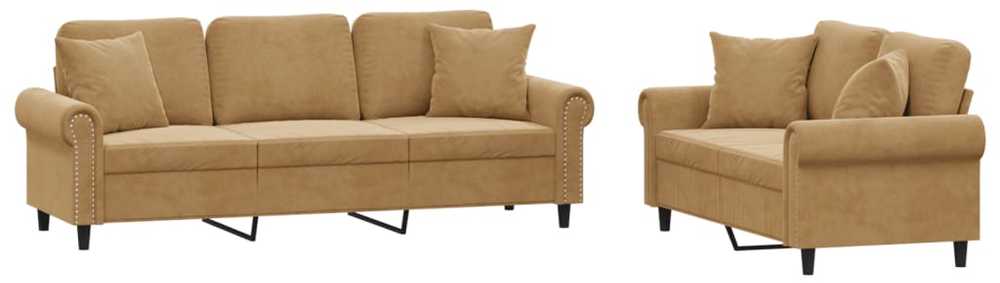 Sofa Sofos komplektas su pagalvėmis, 2 dalių, rudas, aksomas