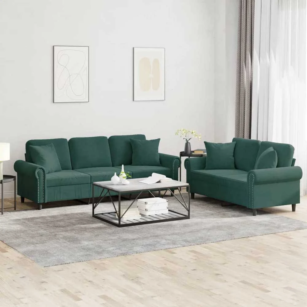 Sofa Sofos komplektas su pagalvėmis, 2 dalių, žalias, aksomas