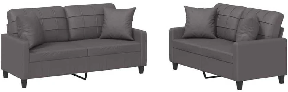 Sofa Sofos komplektas su pagalvėmis, 2 dalių, pilkas, dirbtinė oda