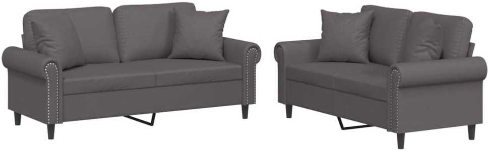 Sofa Sofos komplektas su pagalvėmis, 2 dalių, pilkas, dirbtinė oda
