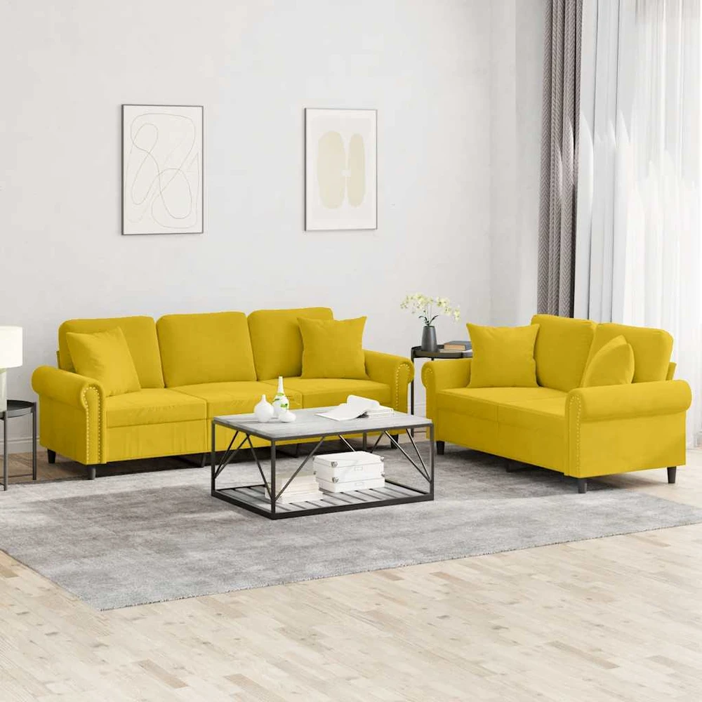 Sofa Sofos komplektas su pagalvėmis, 2 dalių, geltonas, aksomas