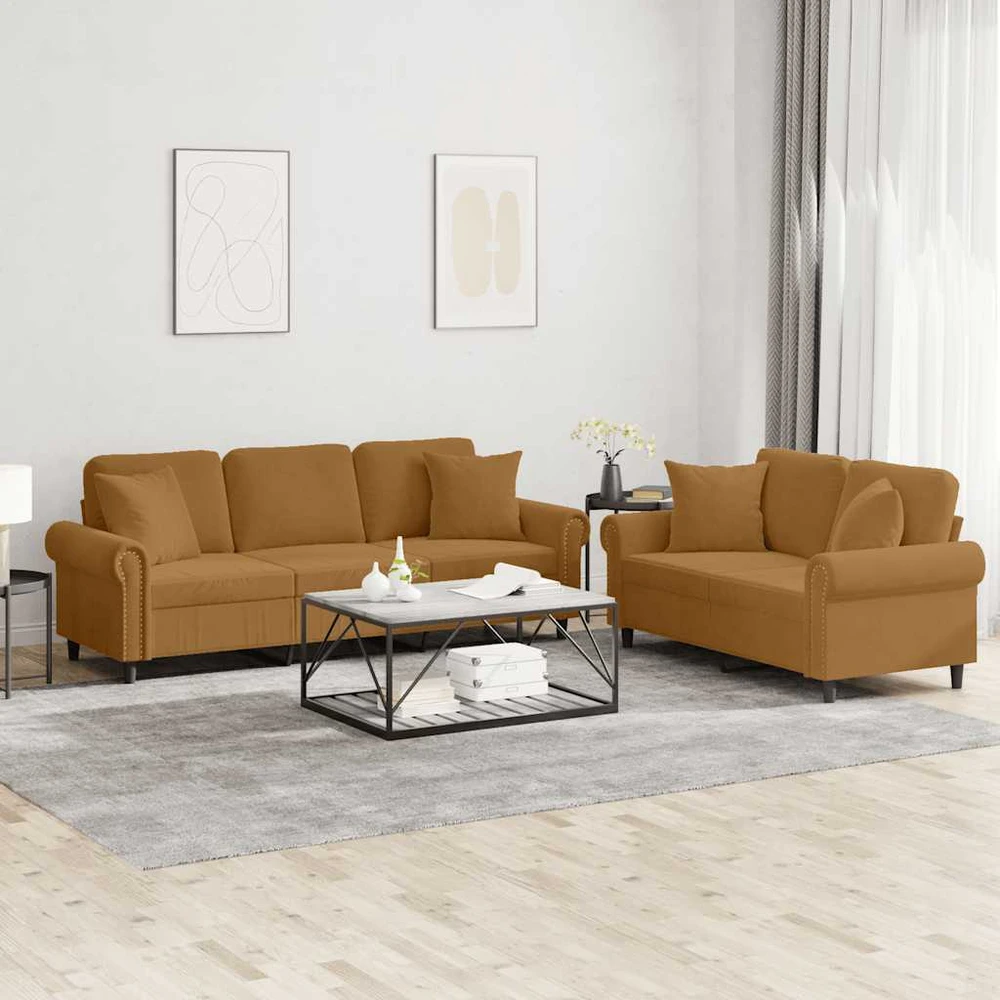 Sofa Sofos komplektas su pagalvėmis, 2 dalių, rudas, aksomas