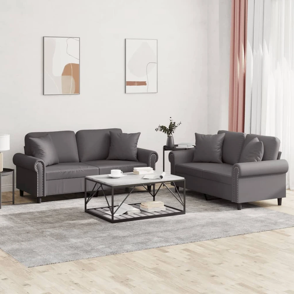 Sofa Sofos komplektas su pagalvėmis, 2 dalių, pilkas, dirbtinė oda