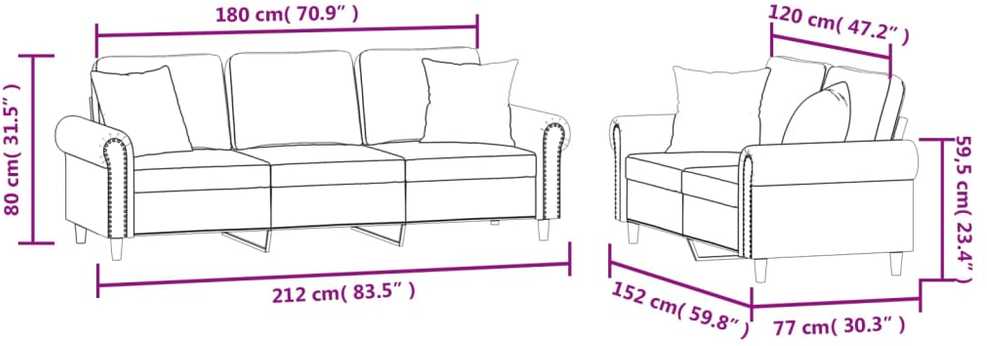 Sofa Sofos komplektas su pagalvėmis, 2 dalių, geltonas, aksomas