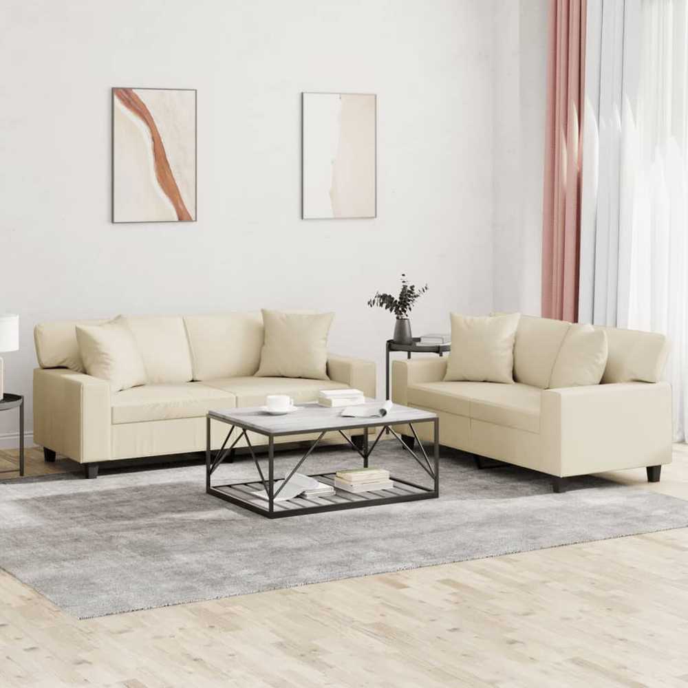 Sofa Sofos komplektas su pagalvėmis, 2 dalių, kreminis, dirbtinė oda