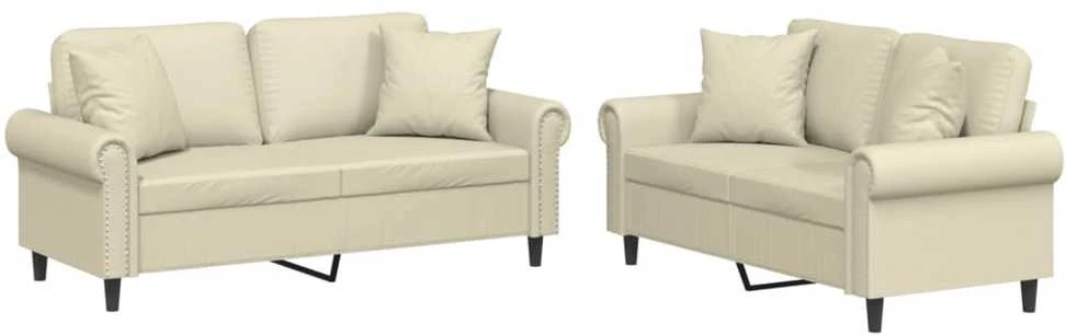 Sofa Sofos komplektas su pagalvėmis, 2 dalių, kreminis, dirbtinė oda