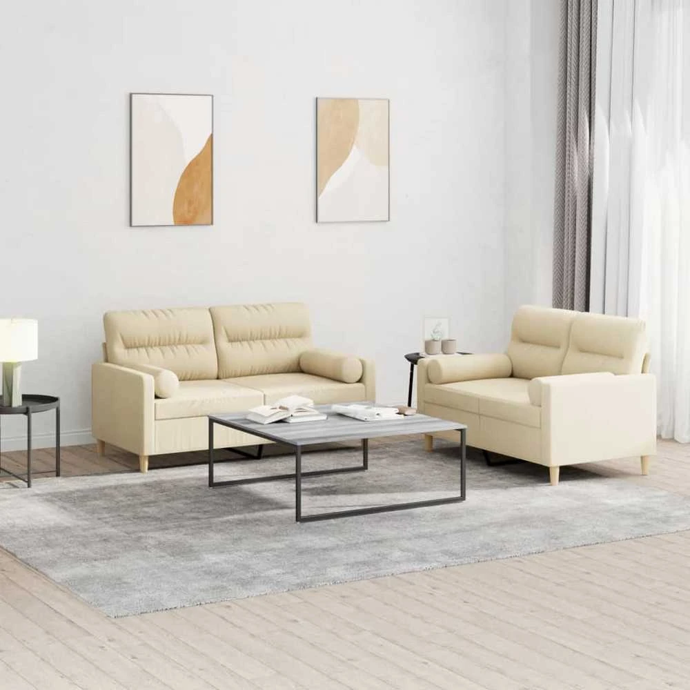 Sofa Sofos komplektas su pagalvėmis, 2 dalių, kreminis, audinys