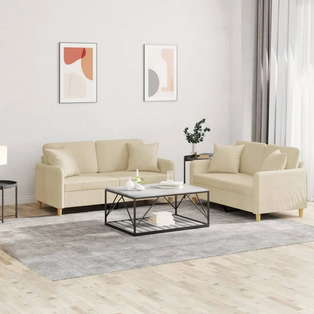Sofa Sofos komplektas su pagalvėmis, 2 dalių, kreminis, audinys